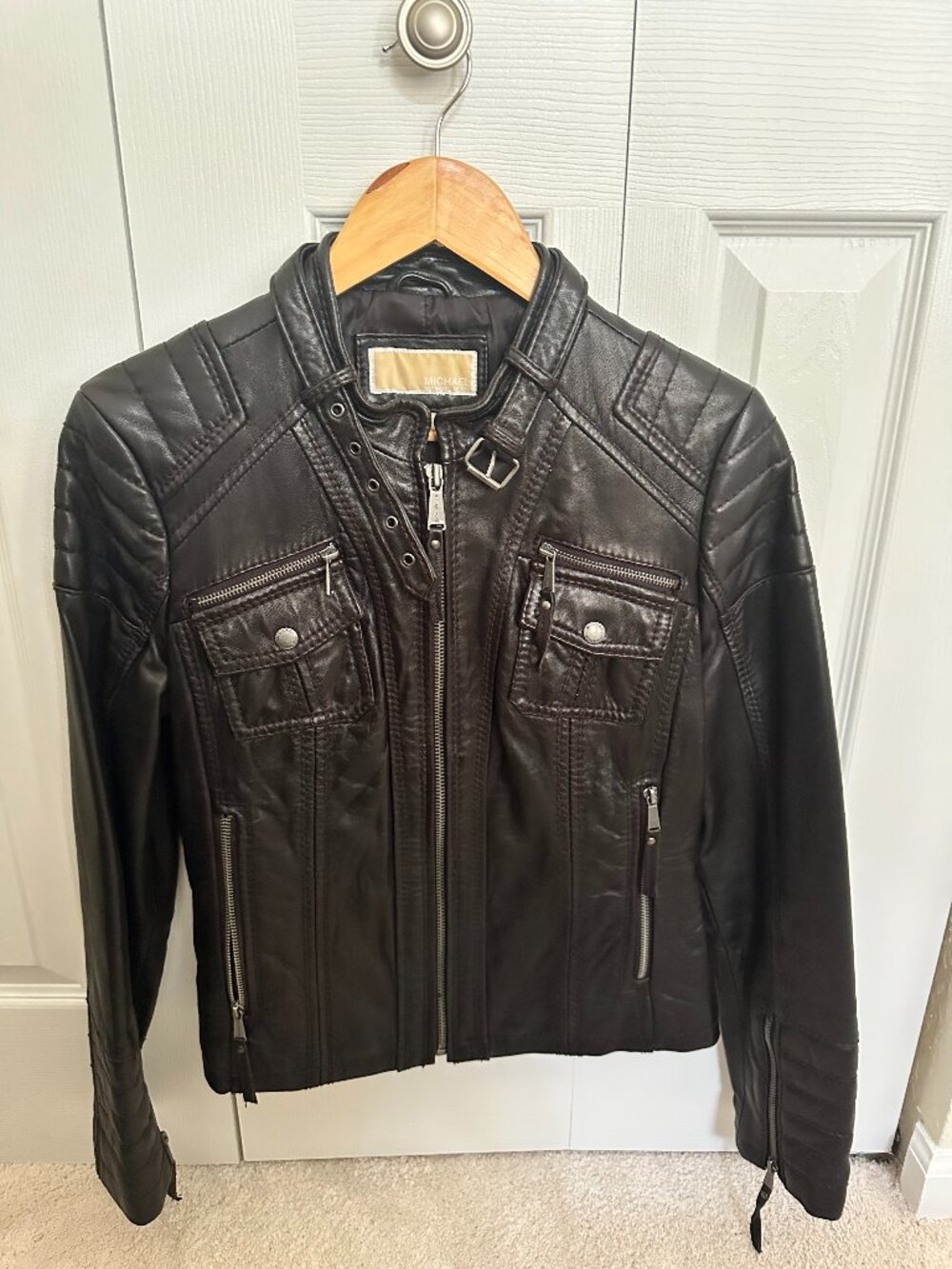 Michael Kors Black Leather Quilted Moto Jacket – Size M
